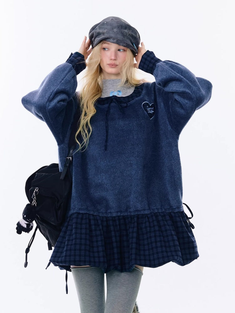 Splicing Plaid Tweed Pocket Hem Big U-Neck Long Sleeve Dress【s0000015268】