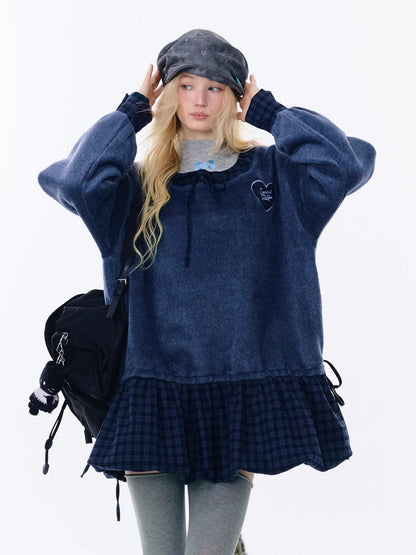 Splicing Plaid Tweed Pocket Hem Big U-Neck Long Sleeve Dress【s0000015268】