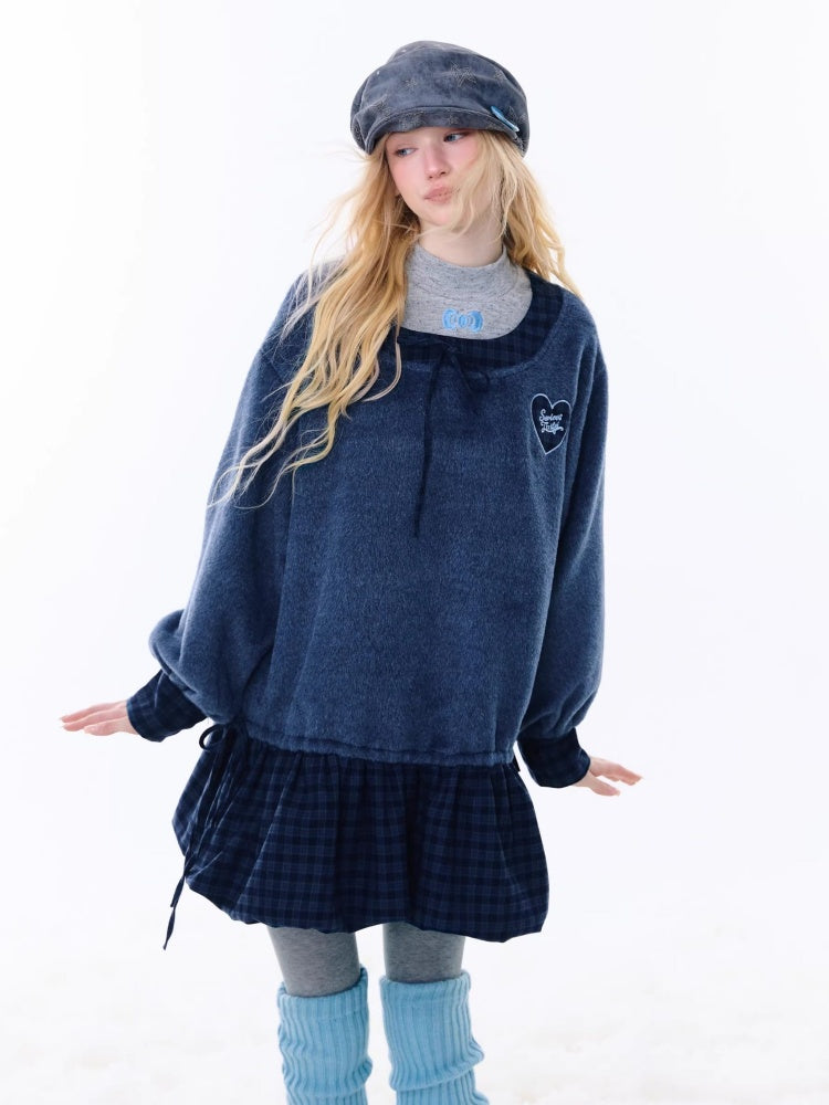 Splicing Plaid Tweed Pocket Hem Big U-Neck Long Sleeve Dress【s0000015268】