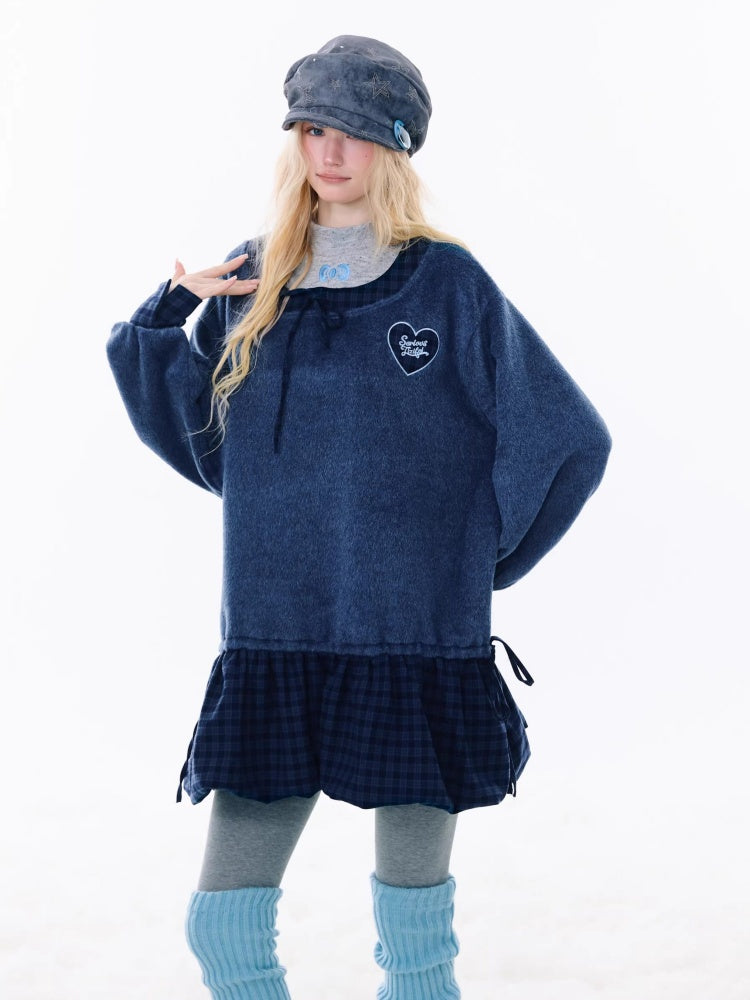 Splicing Plaid Tweed Pocket Hem Big U-Neck Long Sleeve Dress【s0000015268】