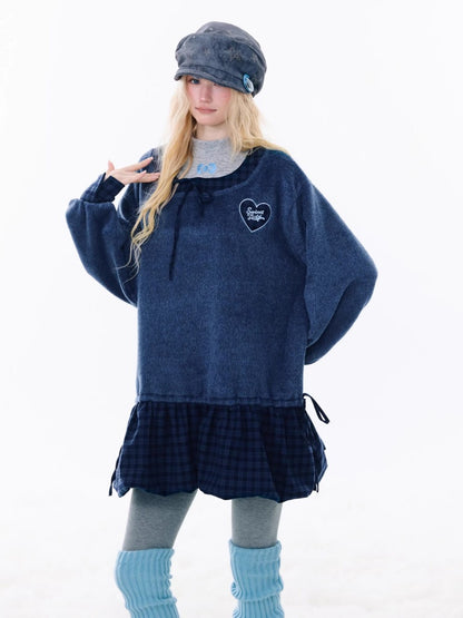 Splicing Plaid Tweed Pocket Hem Big U-Neck Long Sleeve Dress【s0000015268】