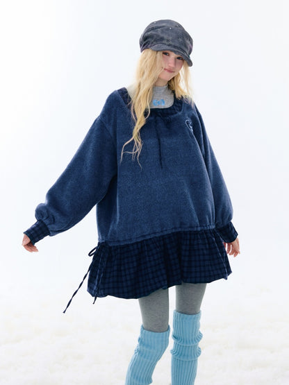 Splicing Plaid Tweed Pocket Hem Big U-Neck Long Sleeve Dress【s0000015268】