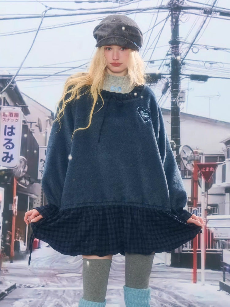 Splicing Plaid Tweed Pocket Hem Big U-Neck Long Sleeve Dress【s0000015268】