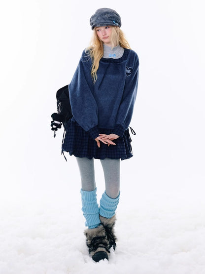Splicing Plaid Tweed Pocket Hem Big U-Neck Long Sleeve Dress【s0000015268】