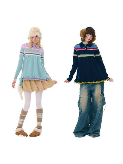Doll Collar Contrast Striped Lace Hem Lazy Sweater【s0000015269】
