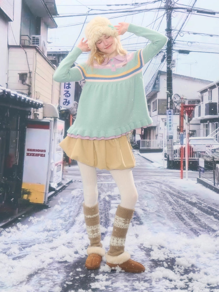 Doll Collar Contrast Striped Lace Hem Lazy Sweater【s0000015269】