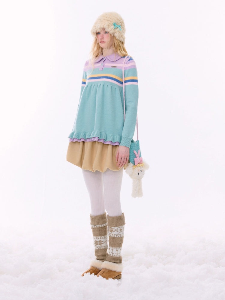 Doll Collar Contrast Striped Lace Hem Lazy Sweater【s0000015269】