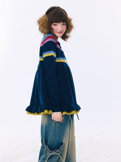 Doll Collar Contrast Striped Lace Hem Lazy Sweater【s0000015269】