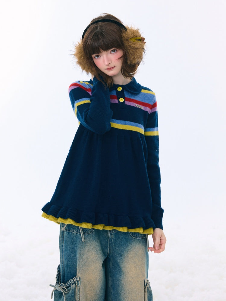 Doll Collar Contrast Striped Lace Hem Lazy Sweater【s0000015269】