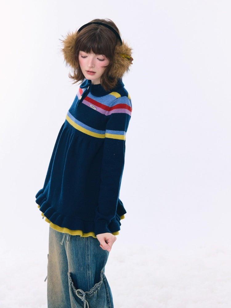 Doll Collar Contrast Striped Lace Hem Lazy Sweater【s0000015269】