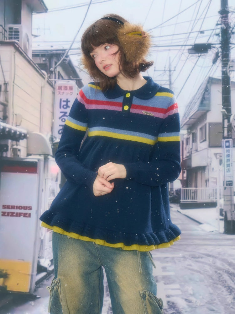 Doll Collar Contrast Striped Lace Hem Lazy Sweater【s0000015269】