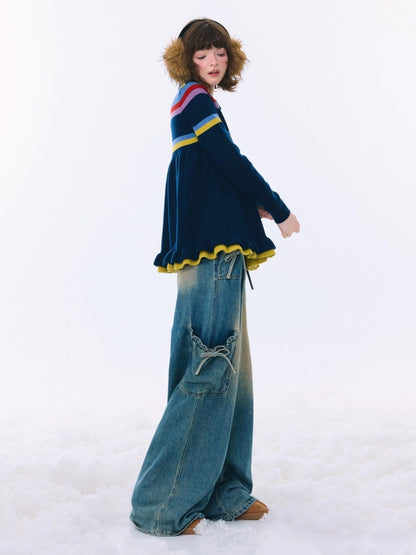 Doll Collar Contrast Striped Lace Hem Lazy Sweater【s0000015269】