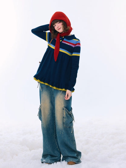 Doll Collar Contrast Striped Lace Hem Lazy Sweater【s0000015269】