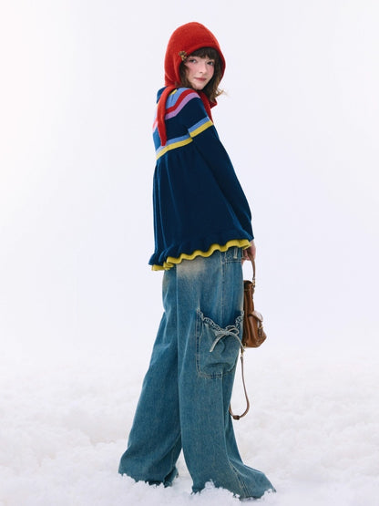 Doll Collar Contrast Striped Lace Hem Lazy Sweater【s0000015269】