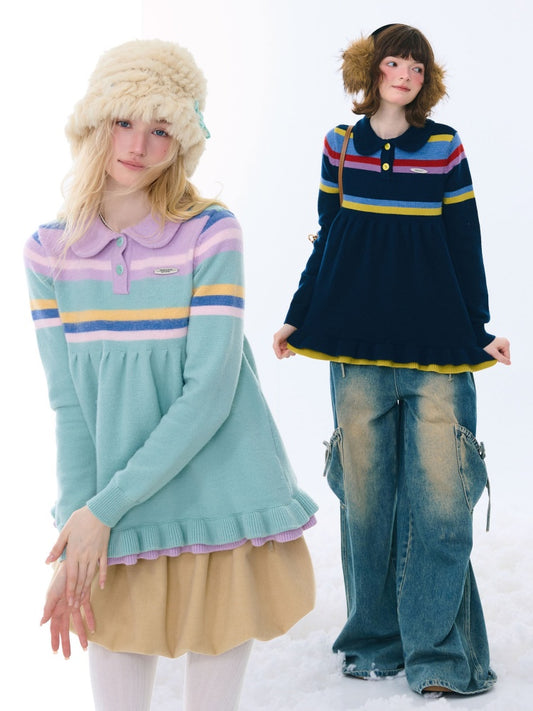 Doll Collar Contrast Striped Lace Hem Lazy Sweater【s0000015269】