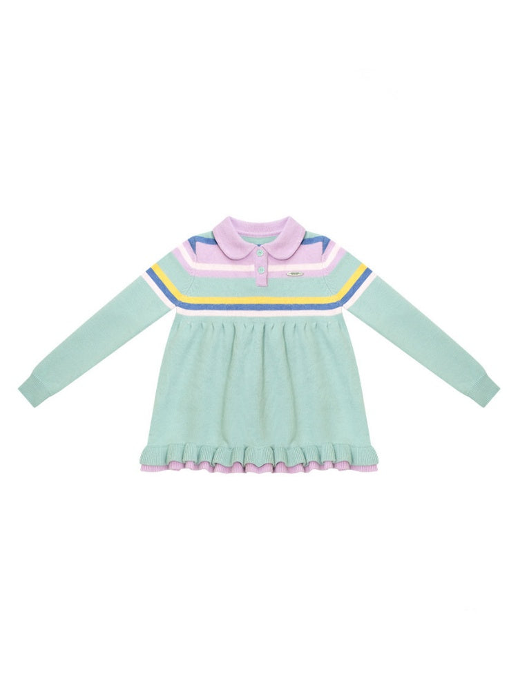 Doll Collar Contrast Striped Lace Hem Lazy Sweater【s0000015269】