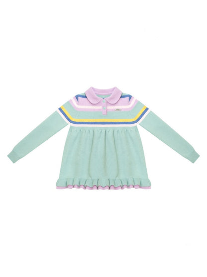 Doll Collar Contrast Striped Lace Hem Lazy Sweater【s0000015269】