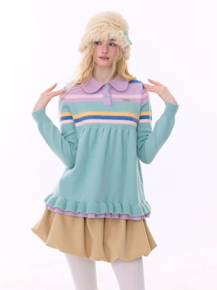 Doll Collar Contrast Striped Lace Hem Lazy Sweater【s0000015269】