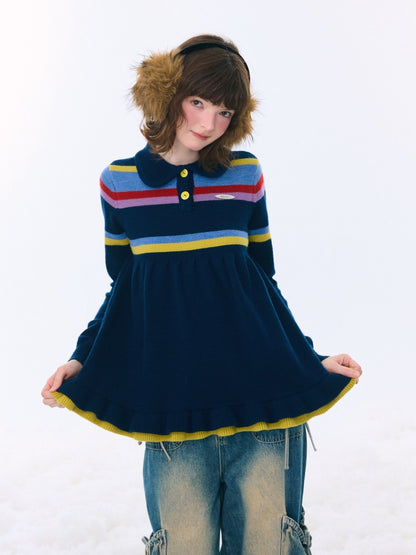 Doll Collar Contrast Striped Lace Hem Lazy Sweater【s0000015269】