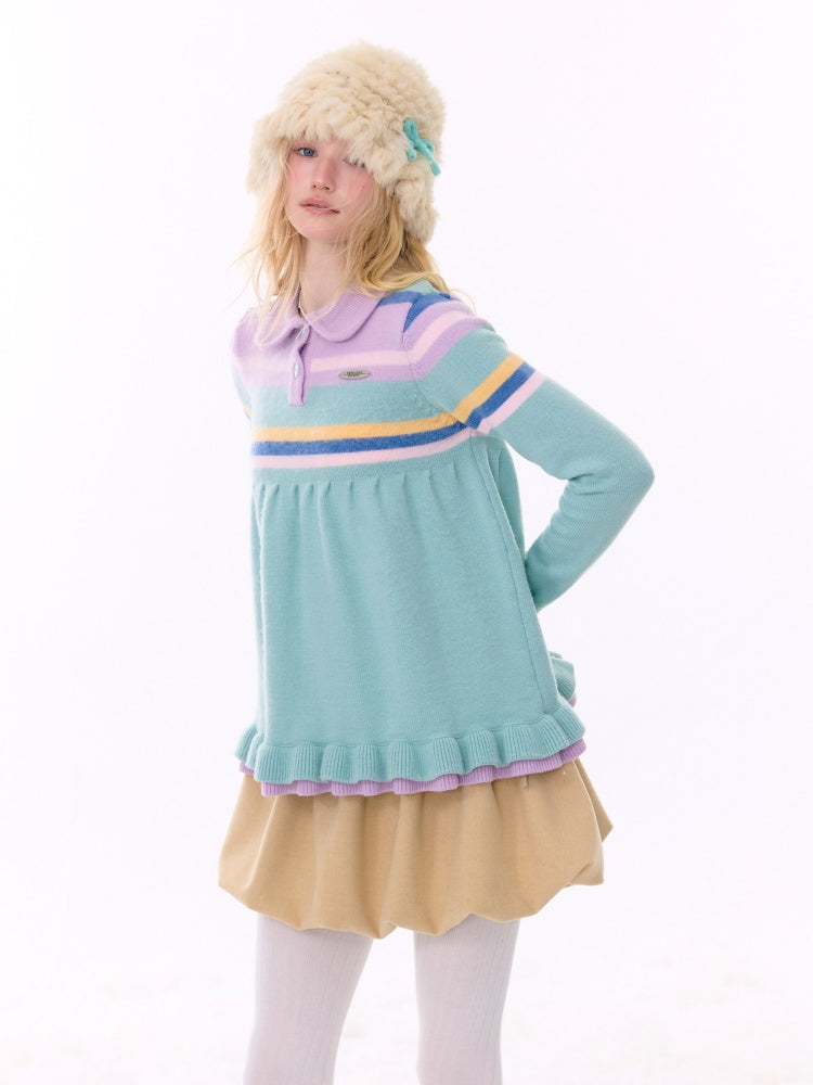Doll Collar Contrast Striped Lace Hem Lazy Sweater【s0000015269】