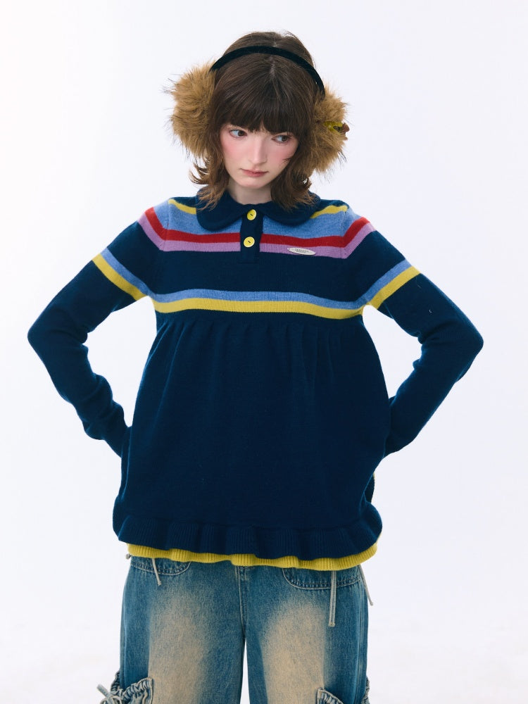 Doll Collar Contrast Striped Lace Hem Lazy Sweater【s0000015269】