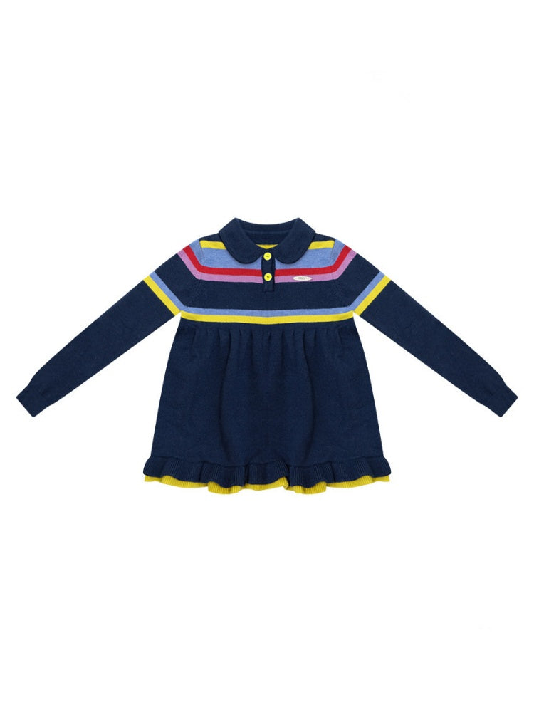 Doll Collar Contrast Striped Lace Hem Lazy Sweater【s0000015269】
