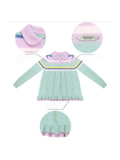 Doll Collar Contrast Striped Lace Hem Lazy Sweater【s0000015269】