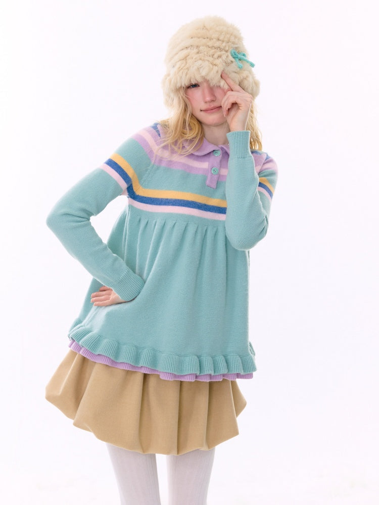 Doll Collar Contrast Striped Lace Hem Lazy Sweater【s0000015269】