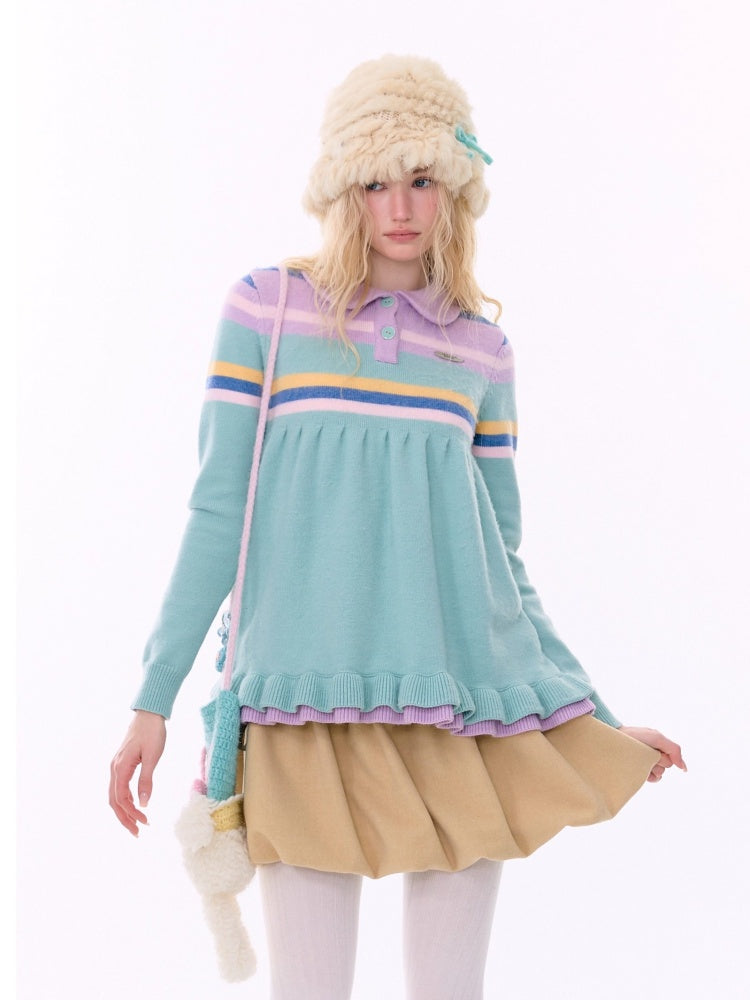 Doll Collar Contrast Striped Lace Hem Lazy Sweater【s0000015269】