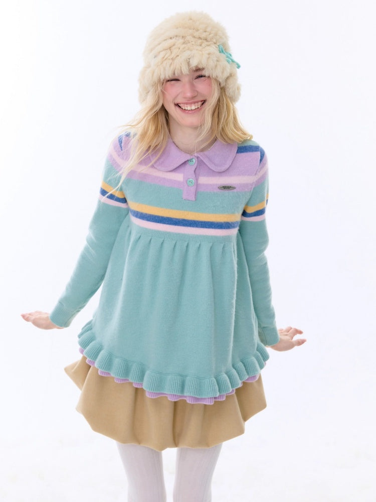 Doll Collar Contrast Striped Lace Hem Lazy Sweater【s0000015269】