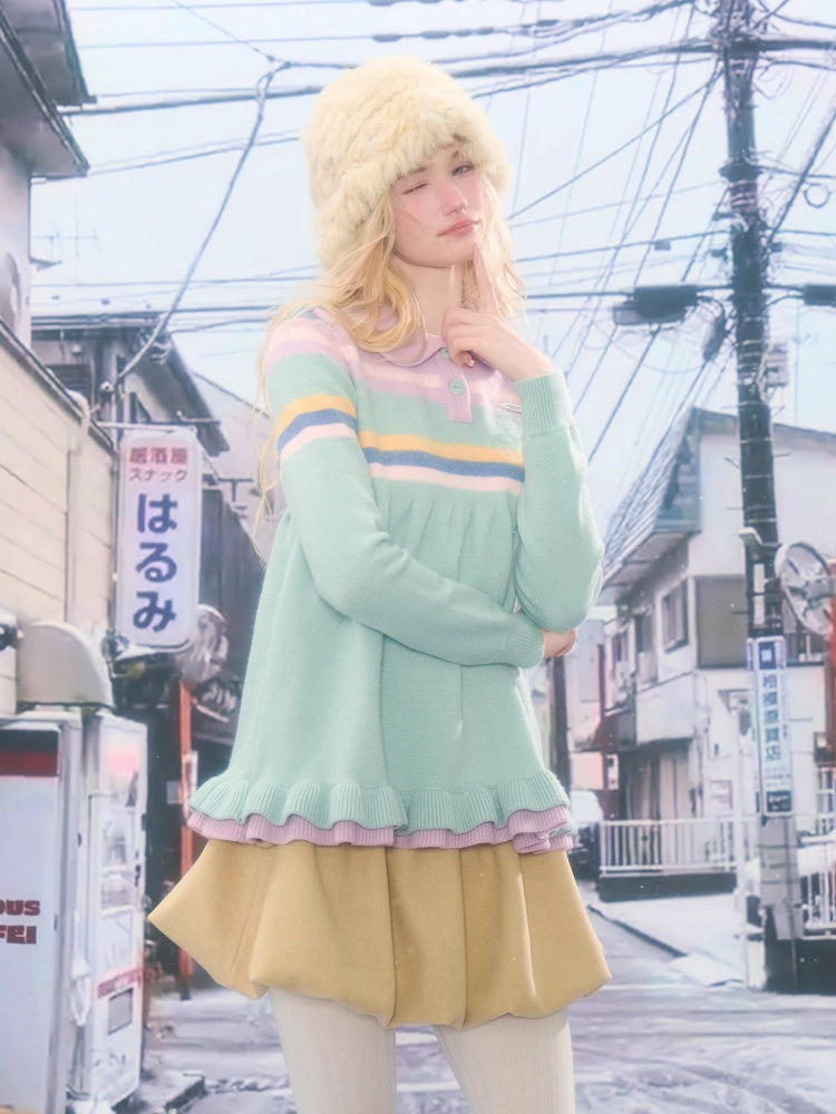 Doll Collar Contrast Striped Lace Hem Lazy Sweater【s0000015269】