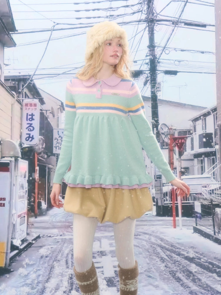Doll Collar Contrast Striped Lace Hem Lazy Sweater【s0000015269】