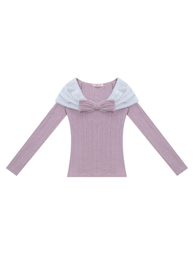 Twist Texture Bow Long Sleeve T-Shirt Slim Top Knitted Sweater【s0000015271】