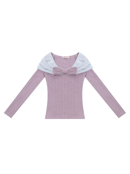 Twist Texture Bow Long Sleeve T-Shirt Slim Top Knitted Sweater【s0000015271】