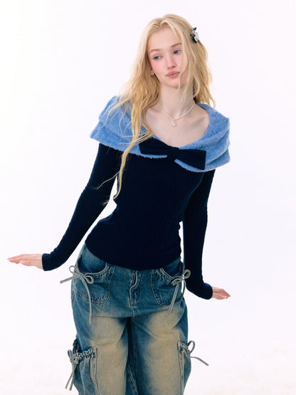 Twist Texture Bow Long Sleeve T-Shirt Slim Top Knitted Sweater【s0000015271】