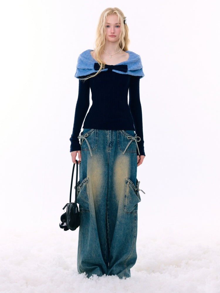 Twist Texture Bow Long Sleeve T-Shirt Slim Top Knitted Sweater【s0000015271】