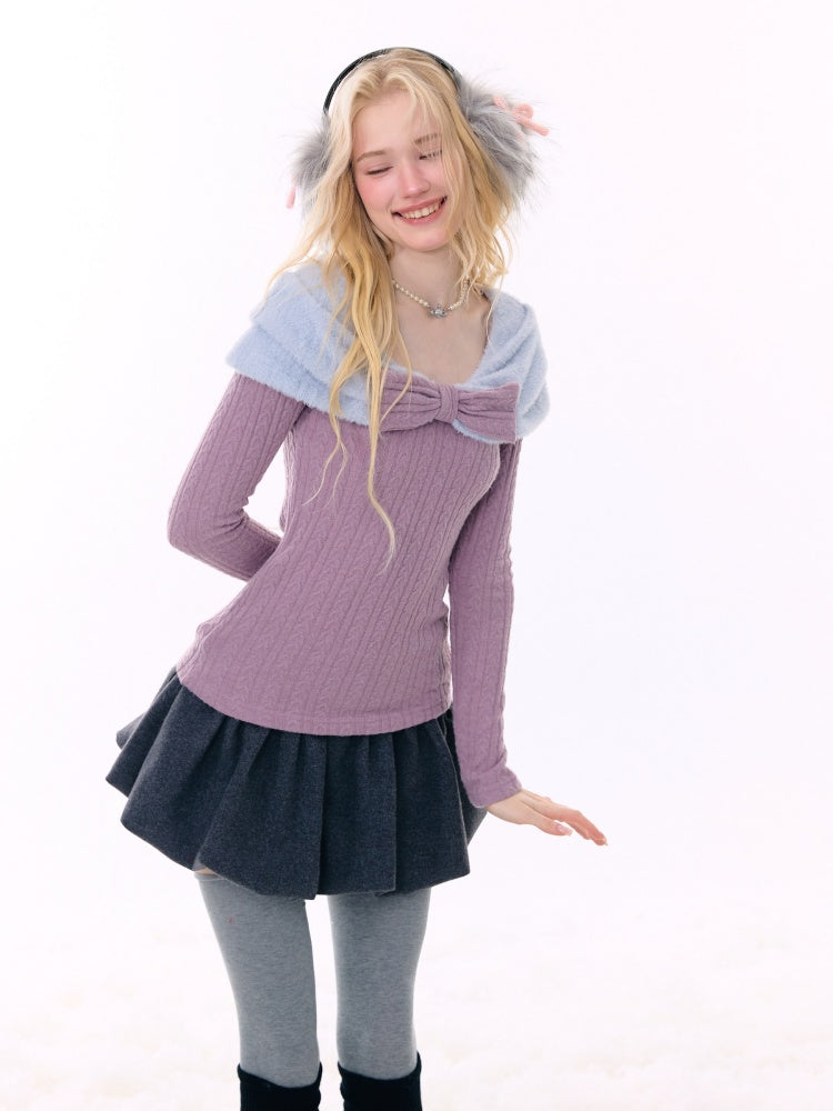 Twist Texture Bow Long Sleeve T-Shirt Slim Top Knitted Sweater【s0000015271】