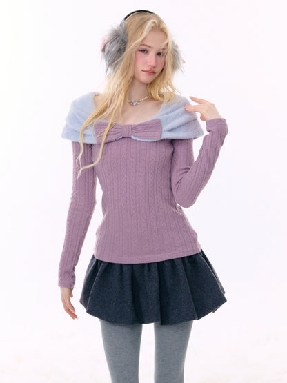 Twist Texture Bow Long Sleeve T-Shirt Slim Top Knitted Sweater【s0000015271】