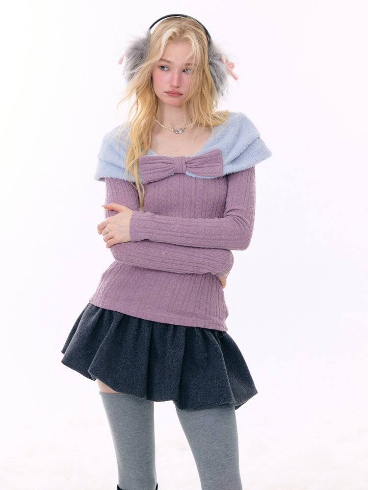 Twist Texture Bow Long Sleeve T-Shirt Slim Top Knitted Sweater【s0000015271】