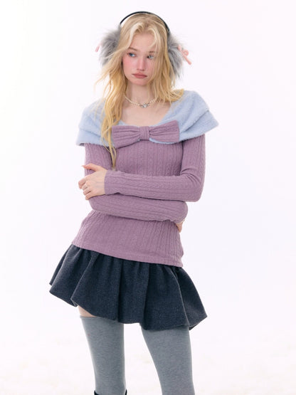 Twist Texture Bow Long Sleeve T-Shirt Slim Top Knitted Sweater【s0000015271】