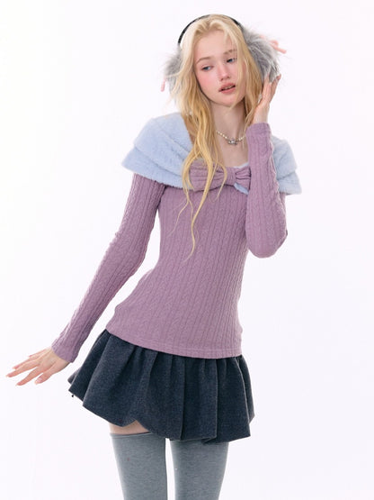 Twist Texture Bow Long Sleeve T-Shirt Slim Top Knitted Sweater【s0000015271】