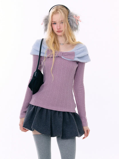 Twist Texture Bow Long Sleeve T-Shirt Slim Top Knitted Sweater【s0000015271】