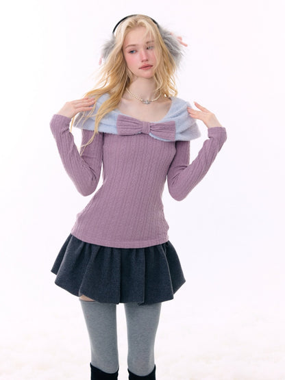 Twist Texture Bow Long Sleeve T-Shirt Slim Top Knitted Sweater【s0000015271】