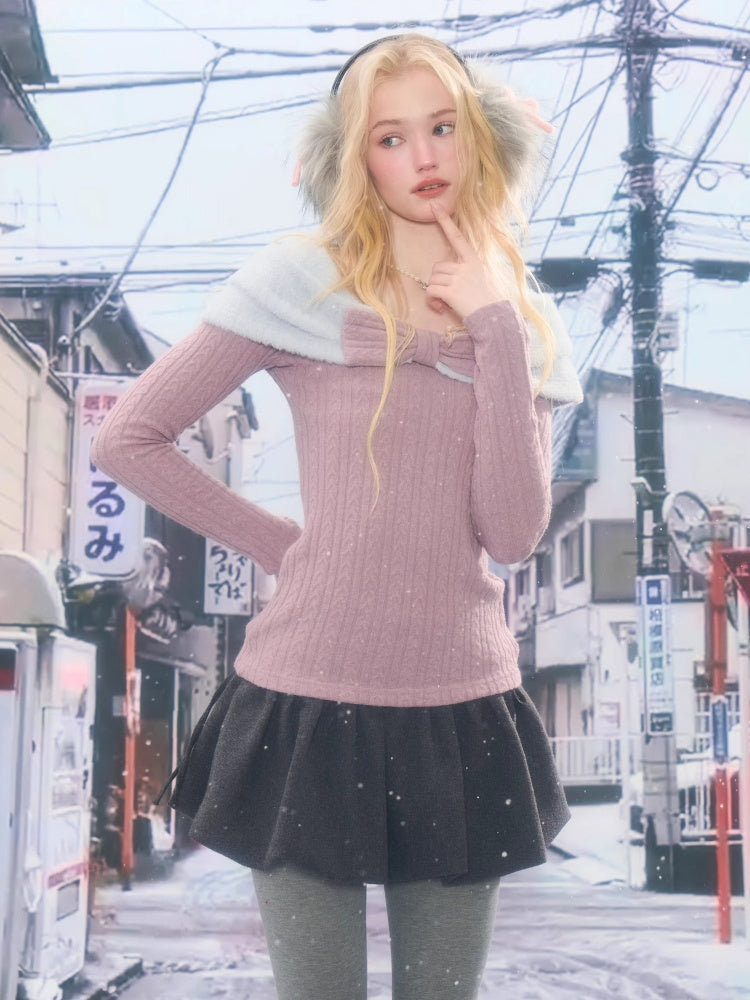 Twist Texture Bow Long Sleeve T-Shirt Slim Top Knitted Sweater【s0000015271】