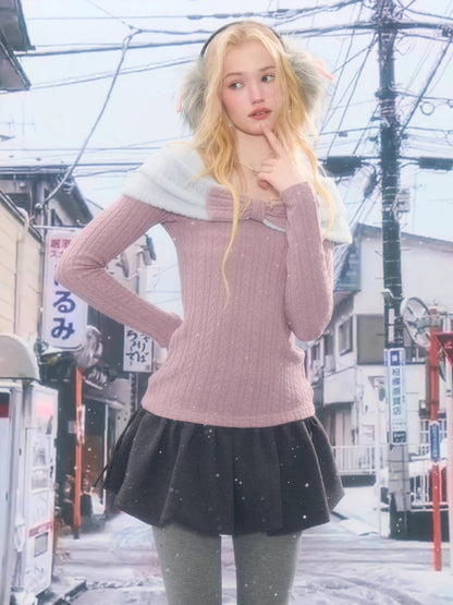 Twist Texture Bow Long Sleeve T-Shirt Slim Top Knitted Sweater【s0000015271】