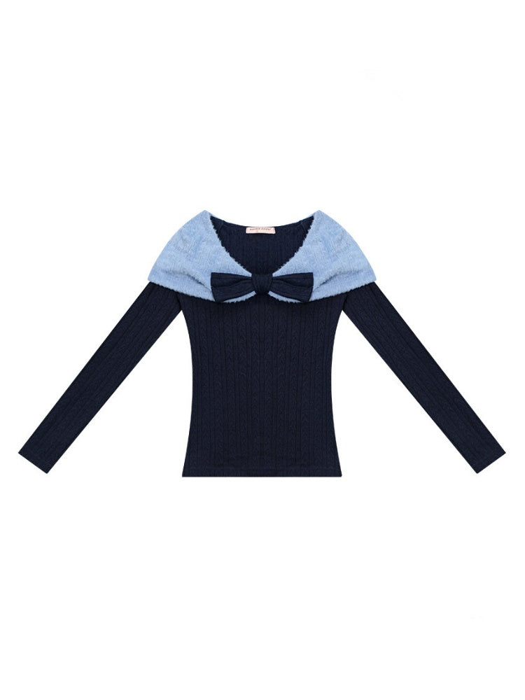 Twist Texture Bow Long Sleeve T-Shirt Slim Top Knitted Sweater【s0000015271】
