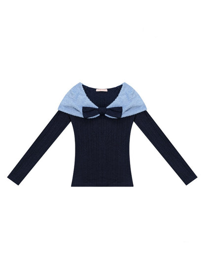 Twist Texture Bow Long Sleeve T-Shirt Slim Top Knitted Sweater【s0000015271】