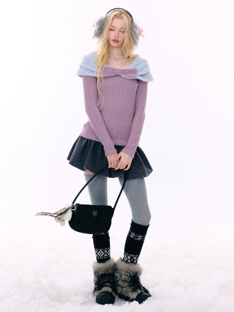 Twist Texture Bow Long Sleeve T-Shirt Slim Top Knitted Sweater【s0000015271】
