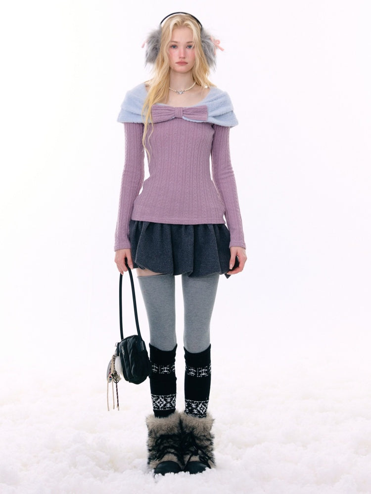 Twist Texture Bow Long Sleeve T-Shirt Slim Top Knitted Sweater【s0000015271】