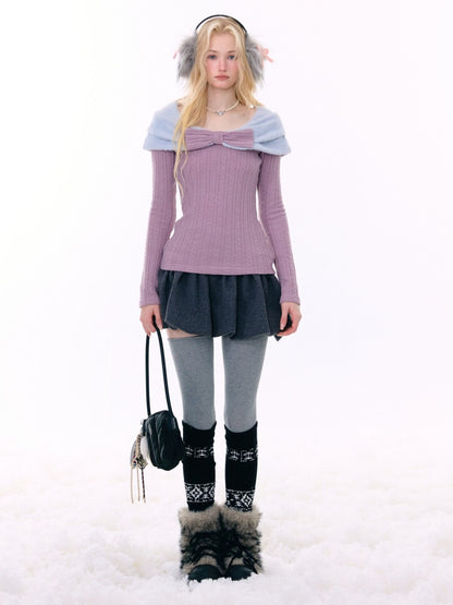 Twist Texture Bow Long Sleeve T-Shirt Slim Top Knitted Sweater【s0000015271】